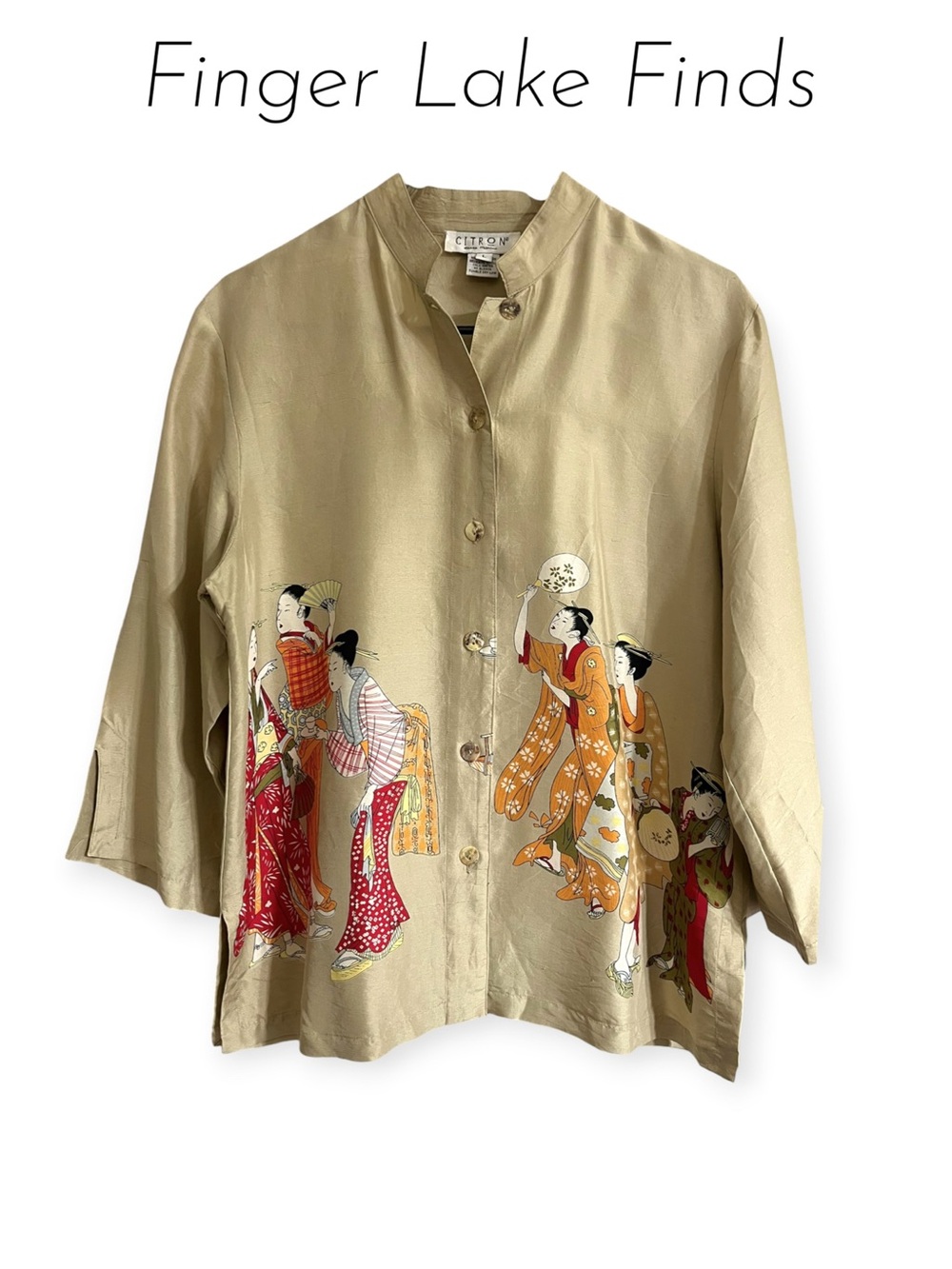 Citron Santa Monica Silk Geisha Print Button Front Top
